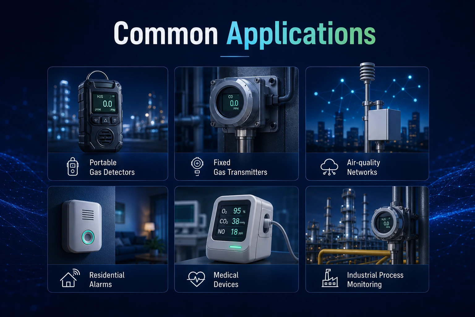 Electrochemical gas sensor applications in portable detectors, fixed transmitters, air quality, homes, medical devices and industrial processes