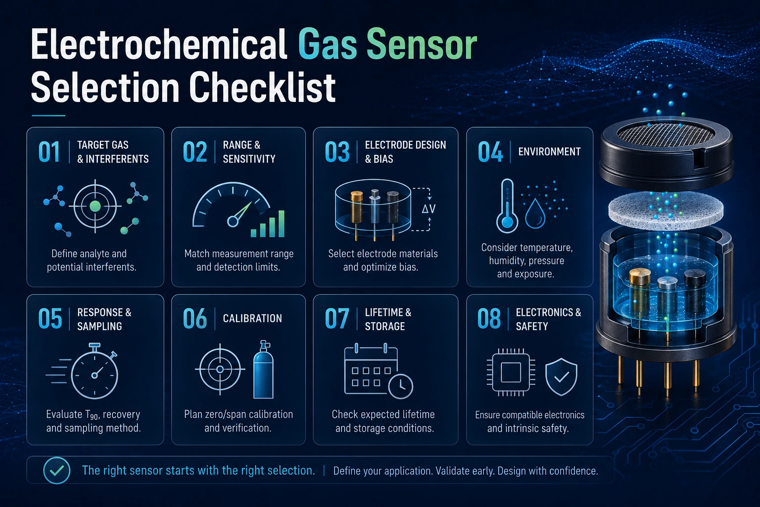 Eight-step electrochemical gas sensor selection checklist covering target gas, range, electrodes, environment, response, calibration, lifetime and electronics