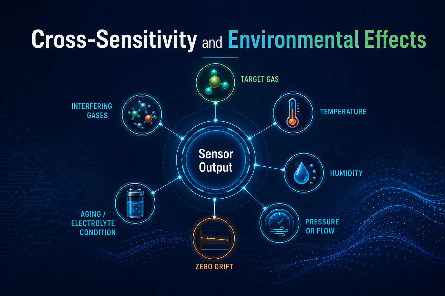 Factors affecting electrochemical gas sensor output including interfering gases, temperature, humidity, pressure, aging and zero drift